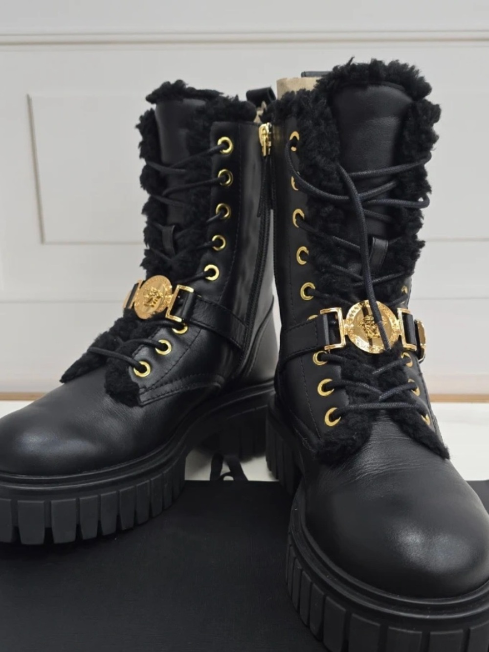 Versace leather Combat Boots with Gold Buckle